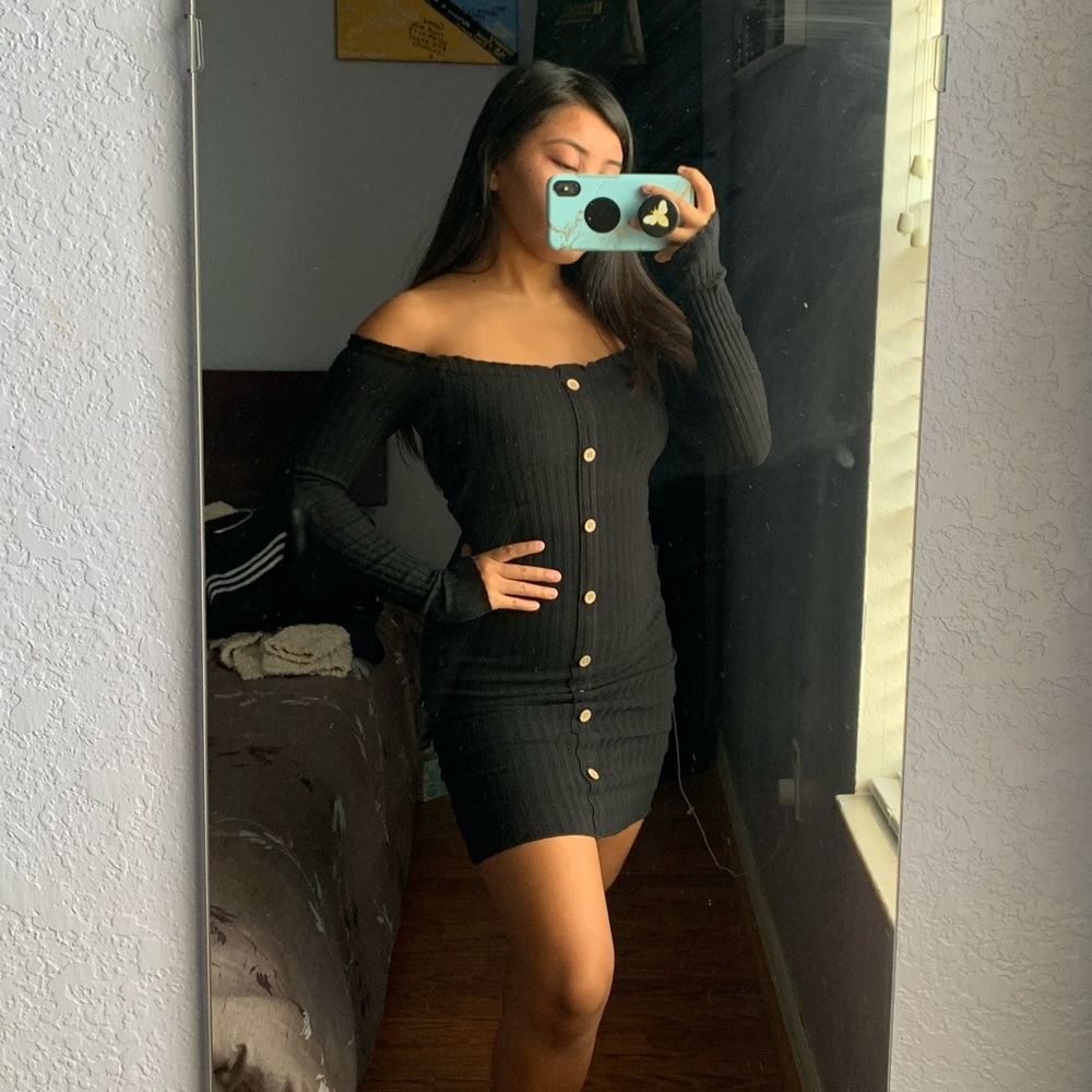 Black long sleeve off the shoulder dress
